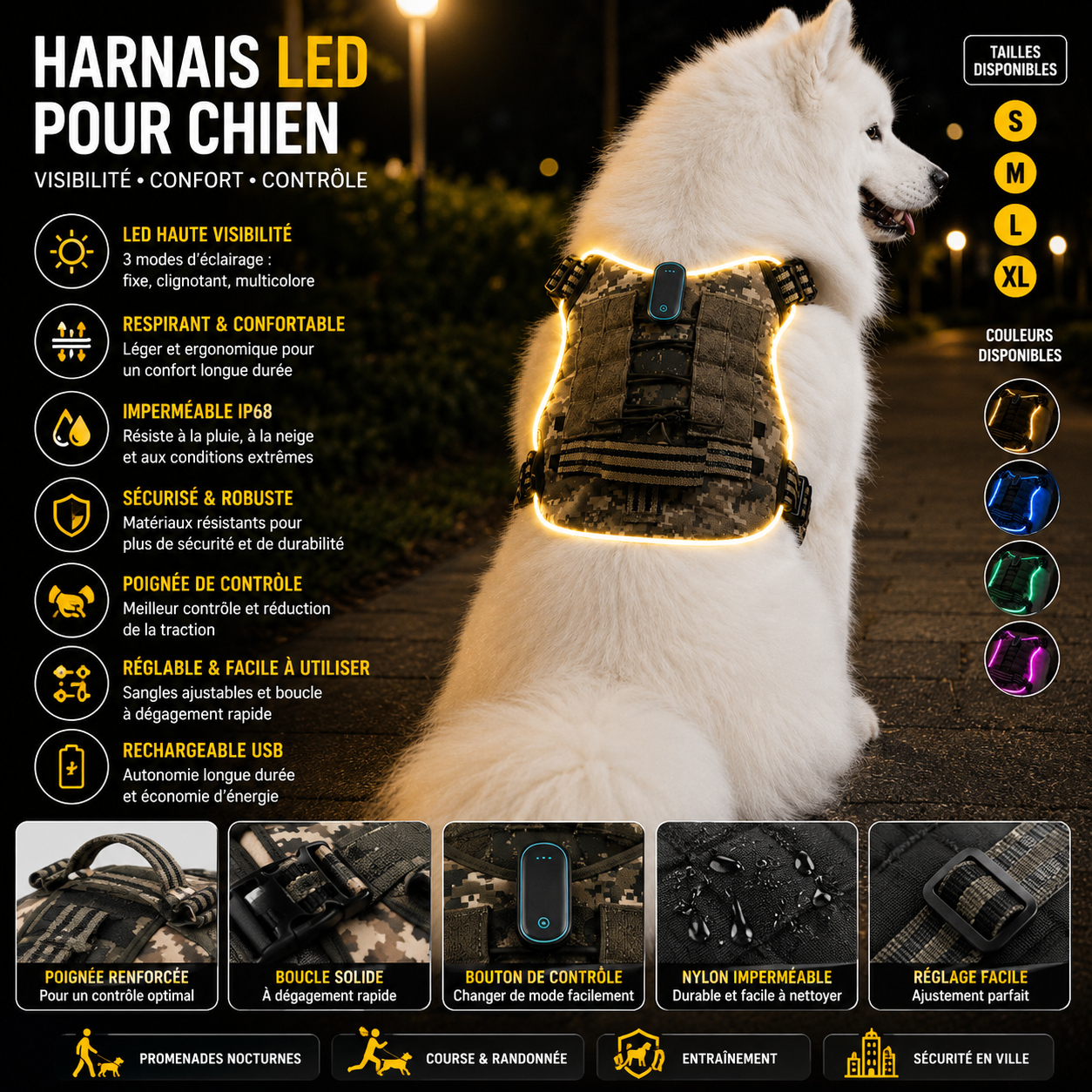 Harnais LED pour Chien et Chiot – Respirant, Léger et Réglable avec Visibilité Nocturne
